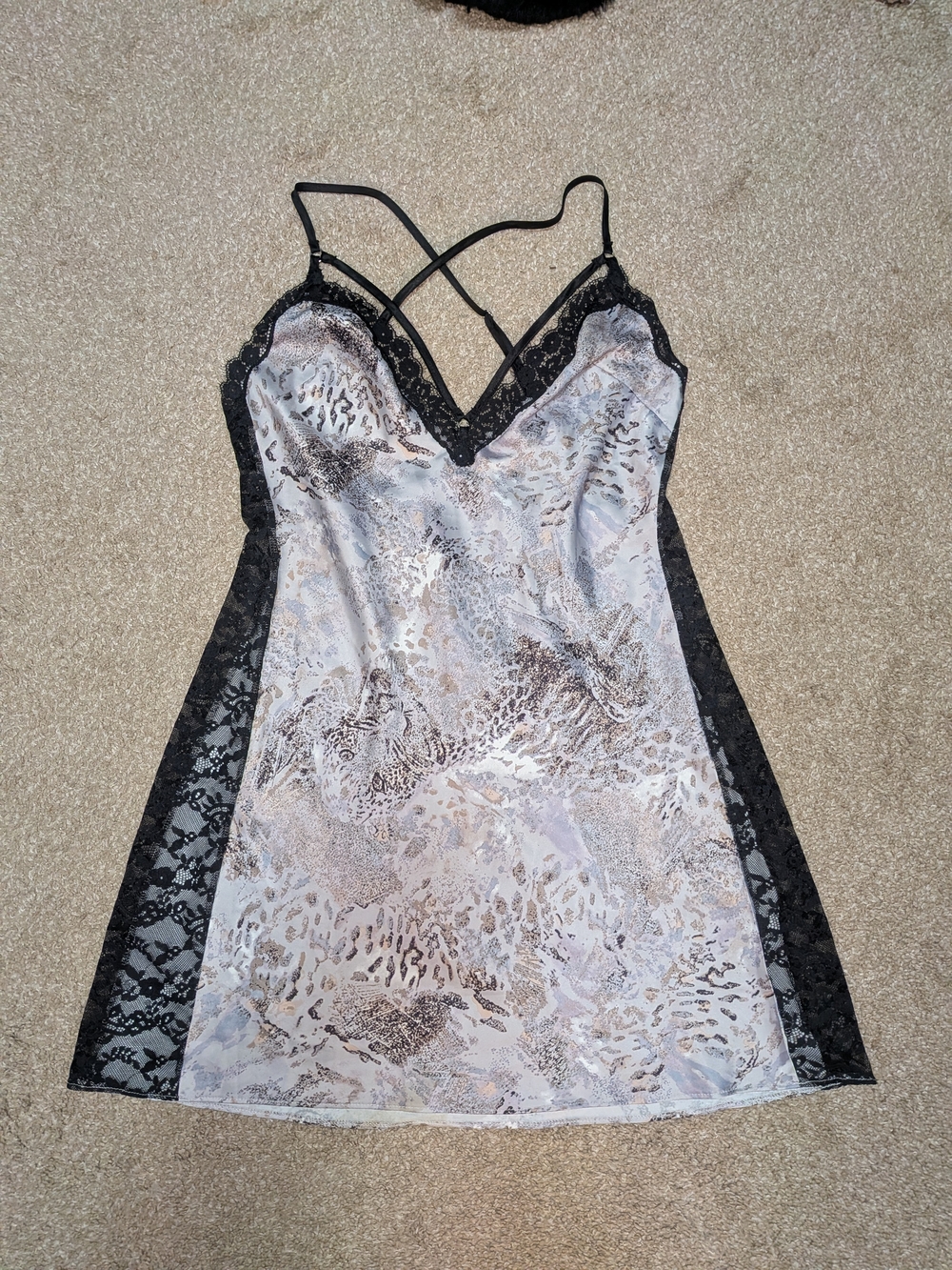 Victoria's Secret Black Lace-Trim Animal Print Slip